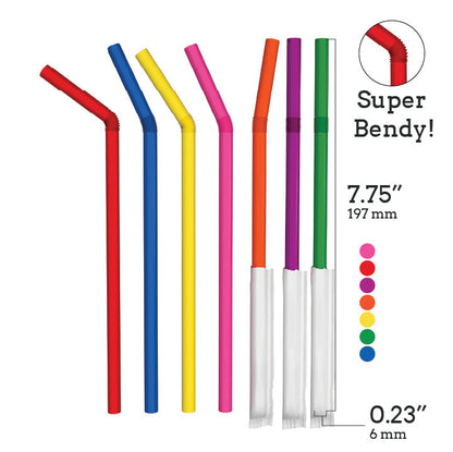 Colorful paper wrapped plastic flexible straws with bendable necks, 7.75 inches long and individually wrapped for hygiene