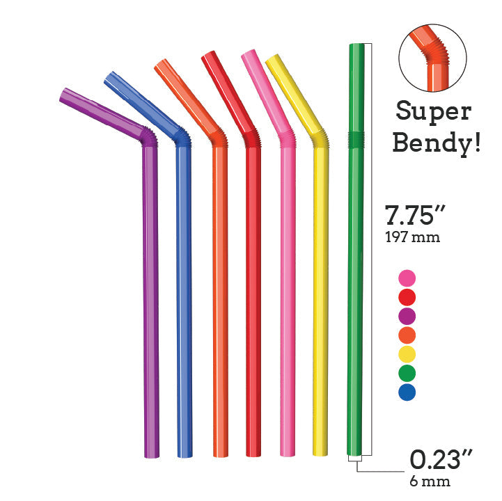 Unwrapped plastic flexible straws in multiple colors with super bendy necks, 7.75 inches long and 0.23 inches wide