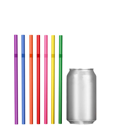 Unwrapped plastic flexible straws in various colors next to a silver soda can