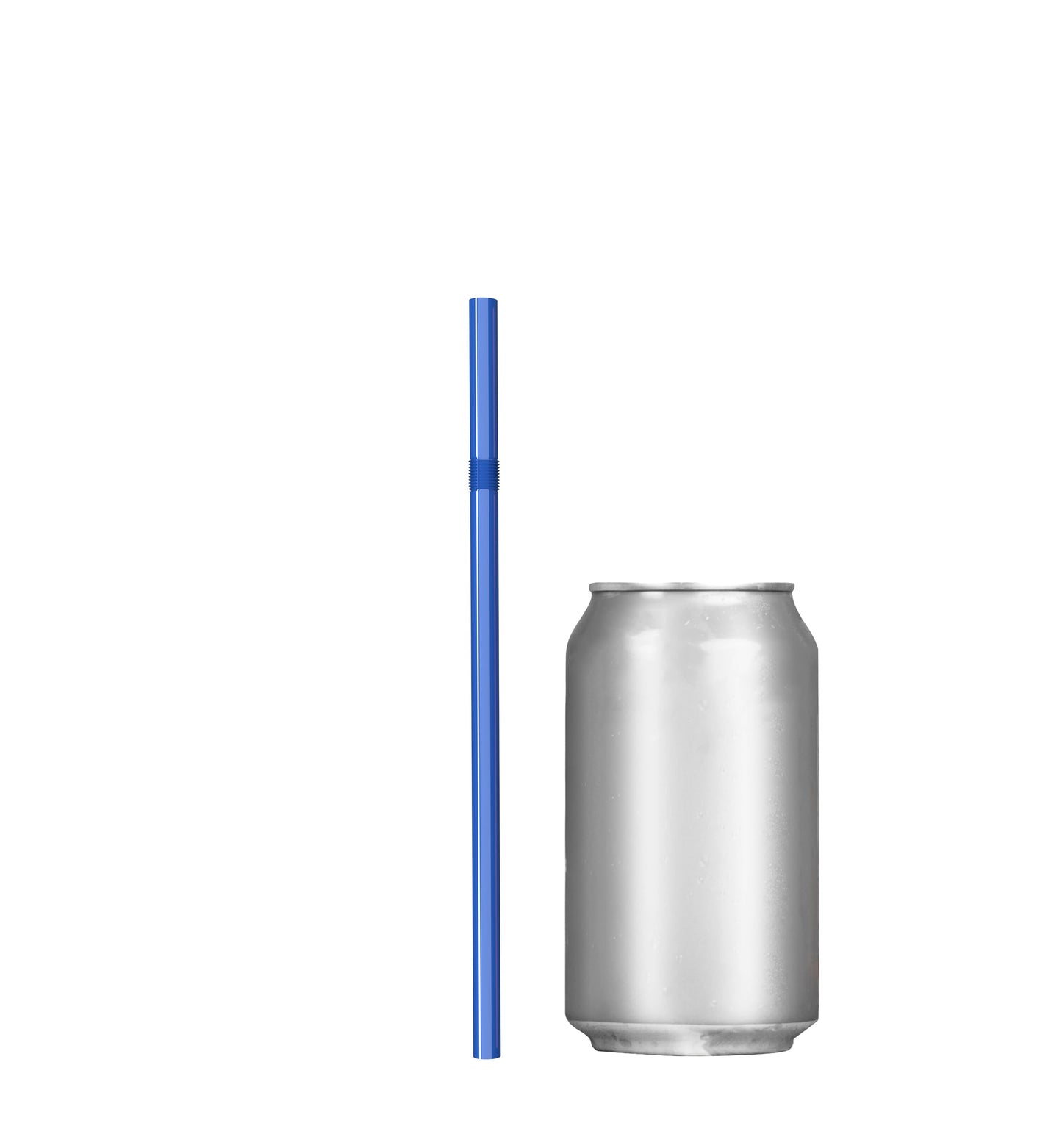 Blue unwrapped plastic flexible straw next to a silver soda can