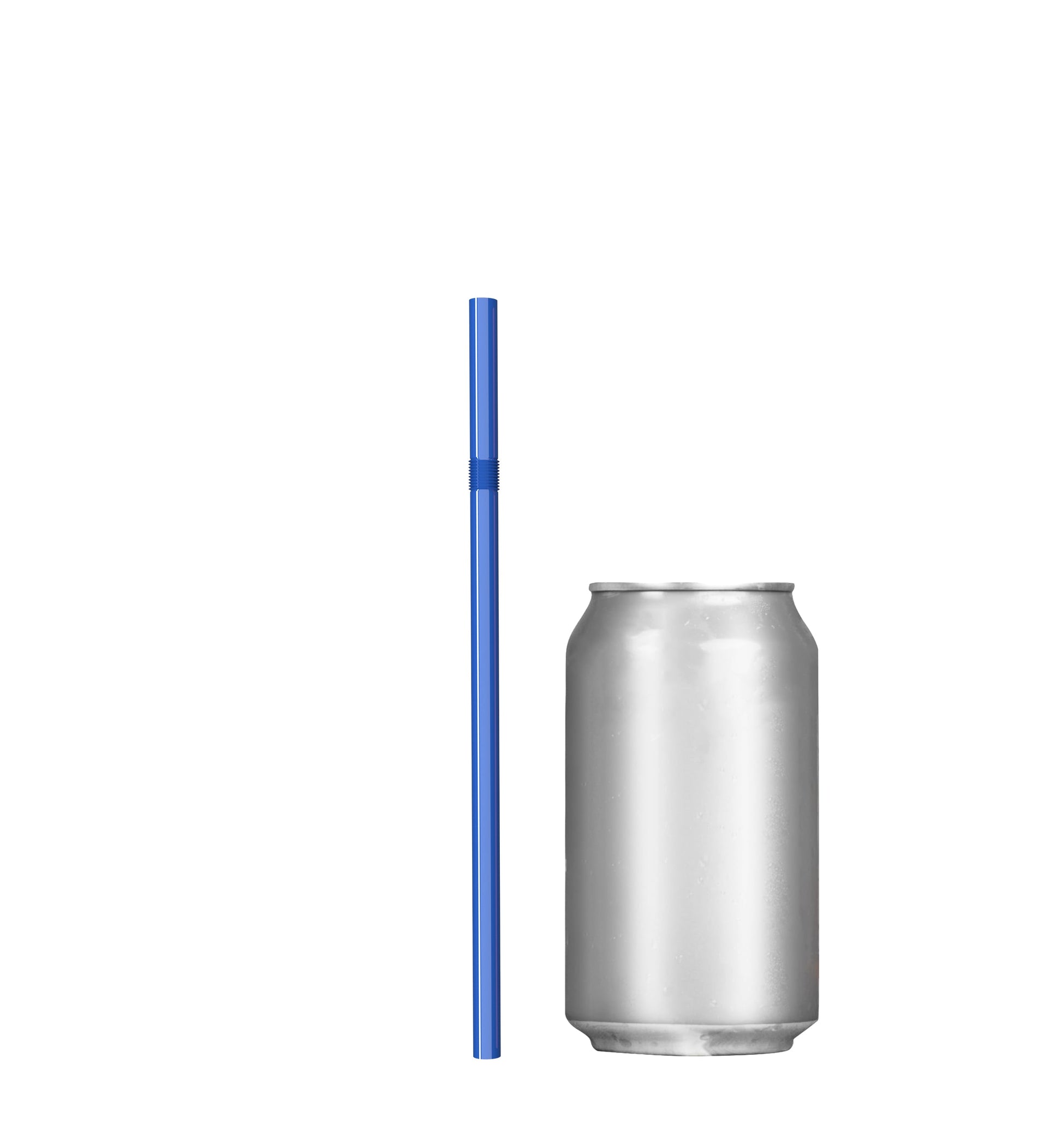 Blue unwrapped plastic flexible straw next to a silver soda can