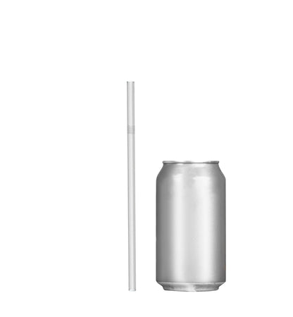 Unwrapped plastic flexible straw next to a plain beverage can isolated on white background