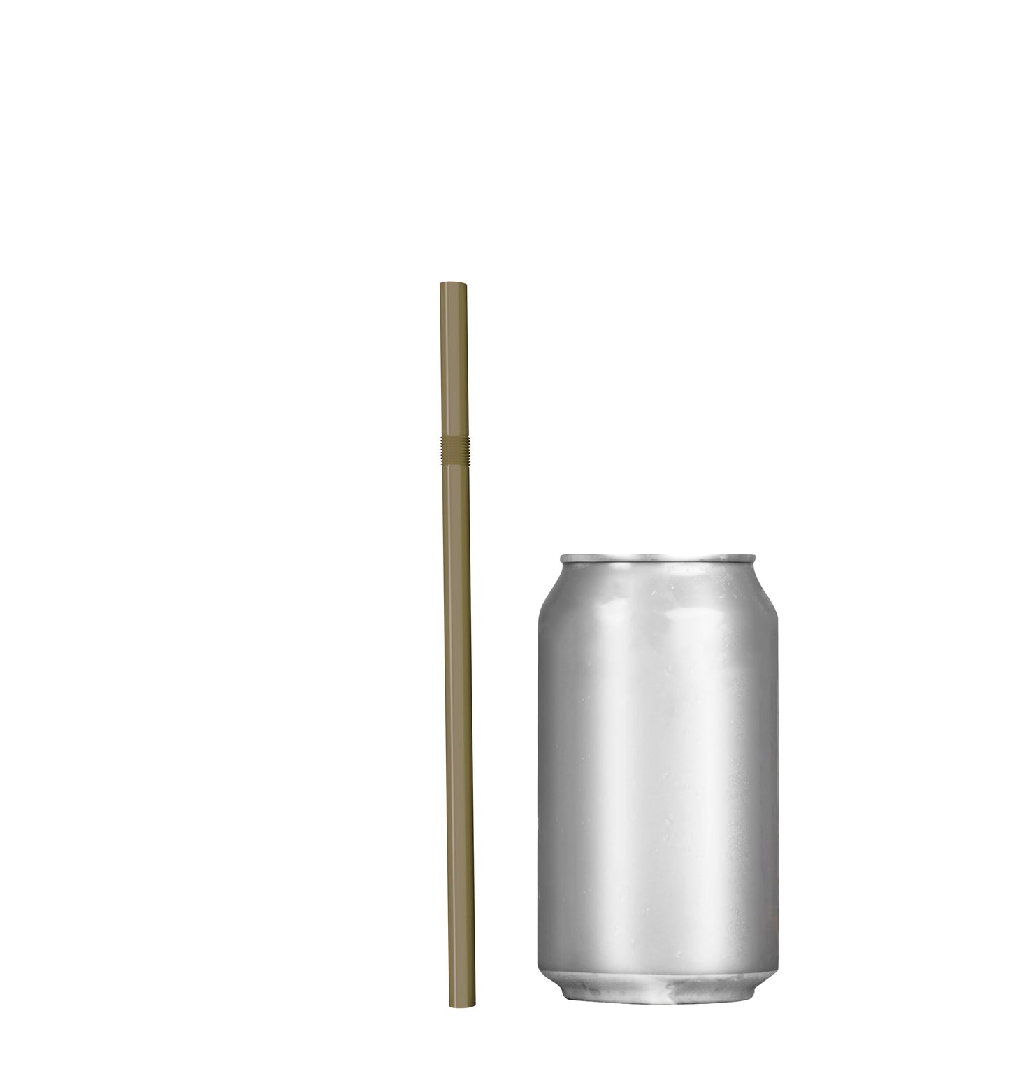 Unwrapped plastic flexible straw beside a silver beverage can