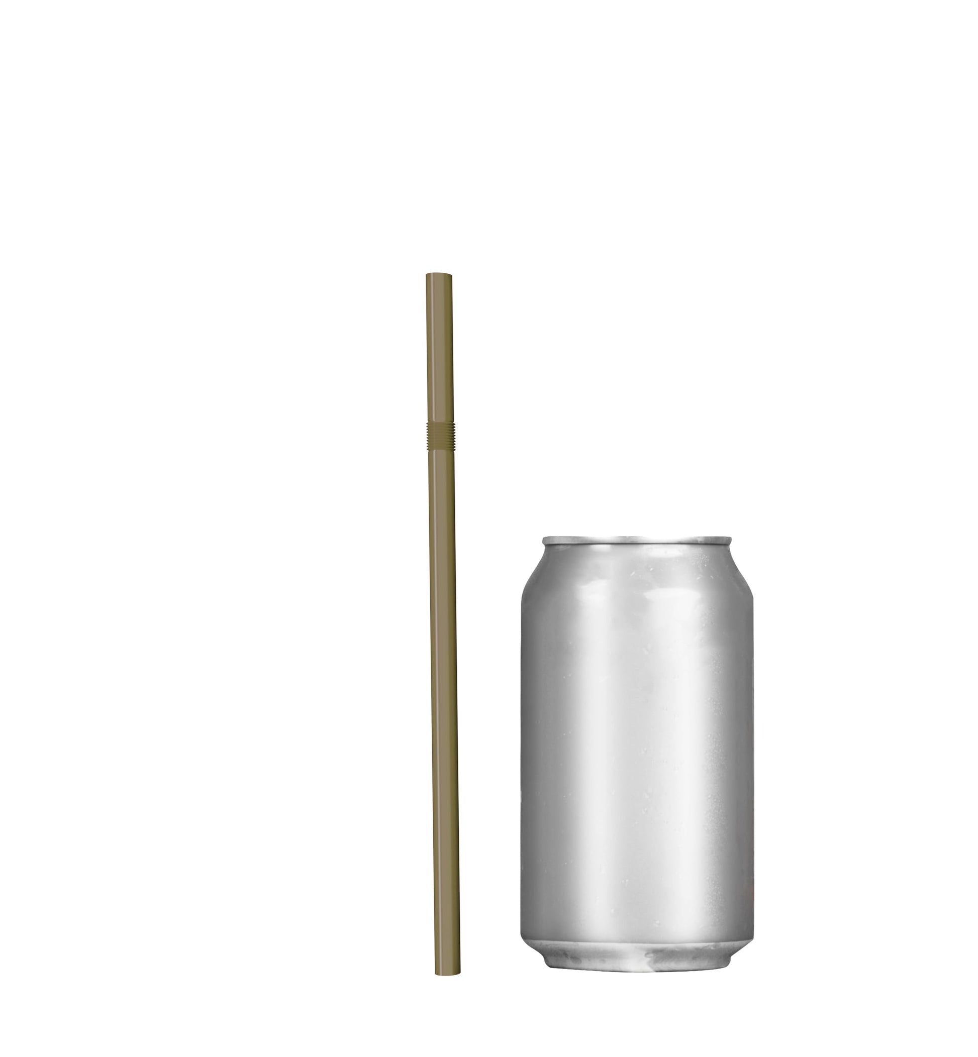 Unwrapped plastic flexible straw beside a silver beverage can