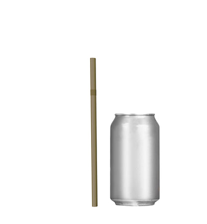 Unwrapped plastic flexible straw beside a silver beverage can