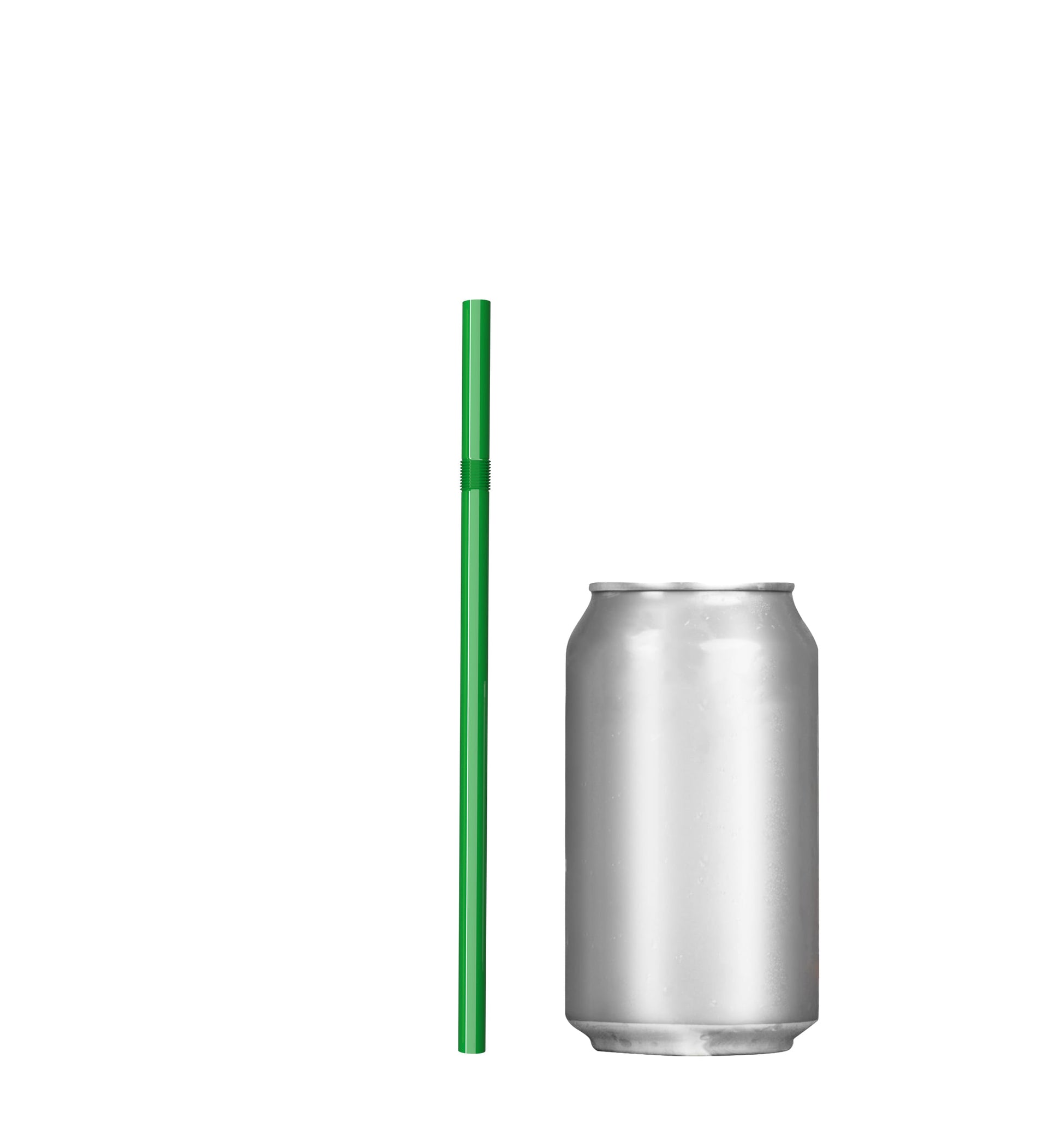 Green unwrapped plastic flexible straw next to a silver soda can
