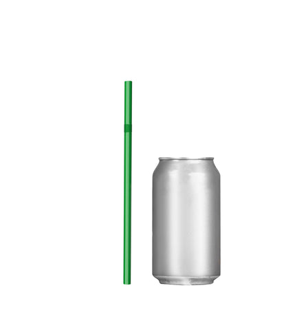 Green unwrapped plastic flexible straw next to a silver soda can