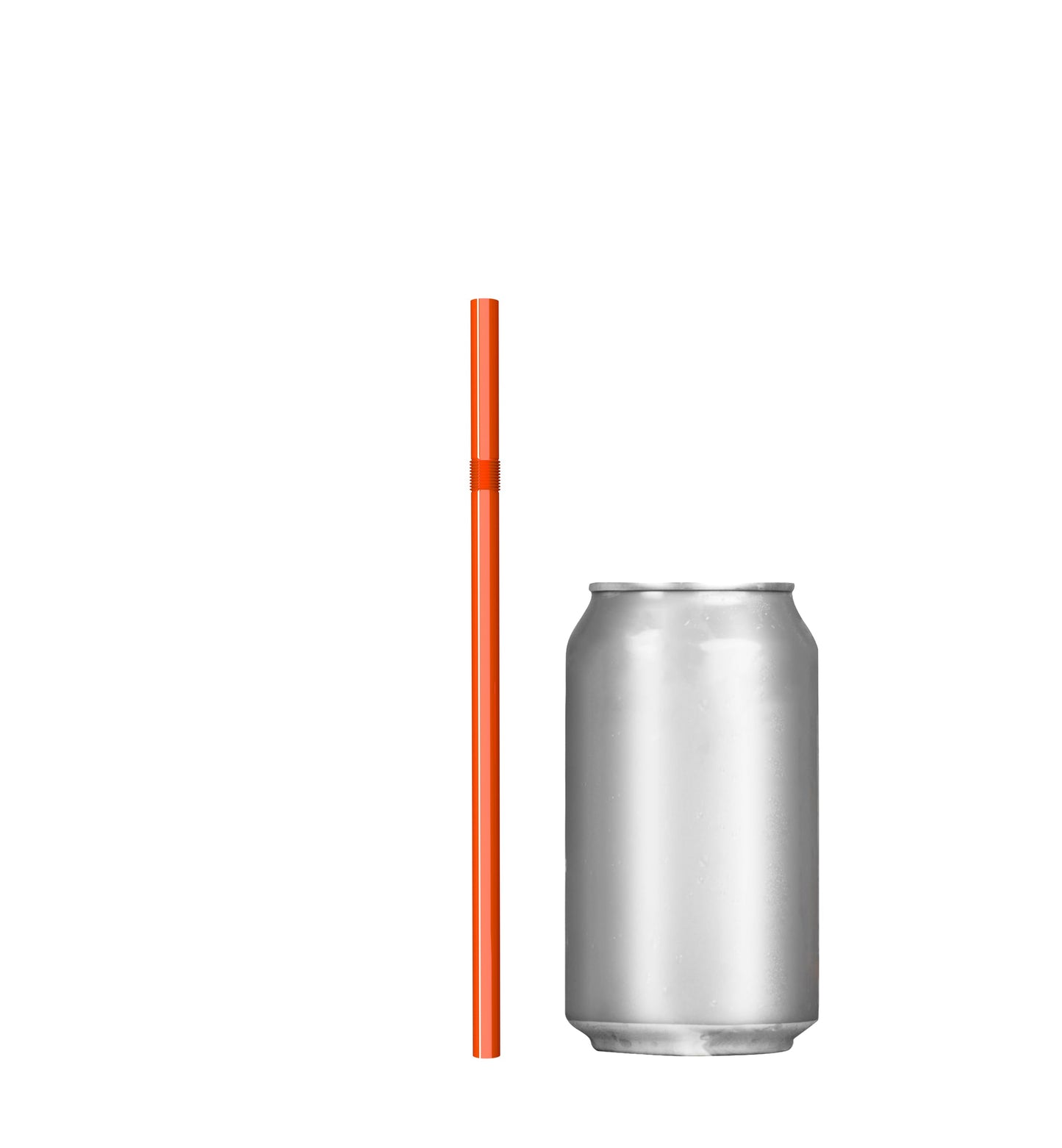 Unwrapped plastic flexible straw beside silver soda can in orange color