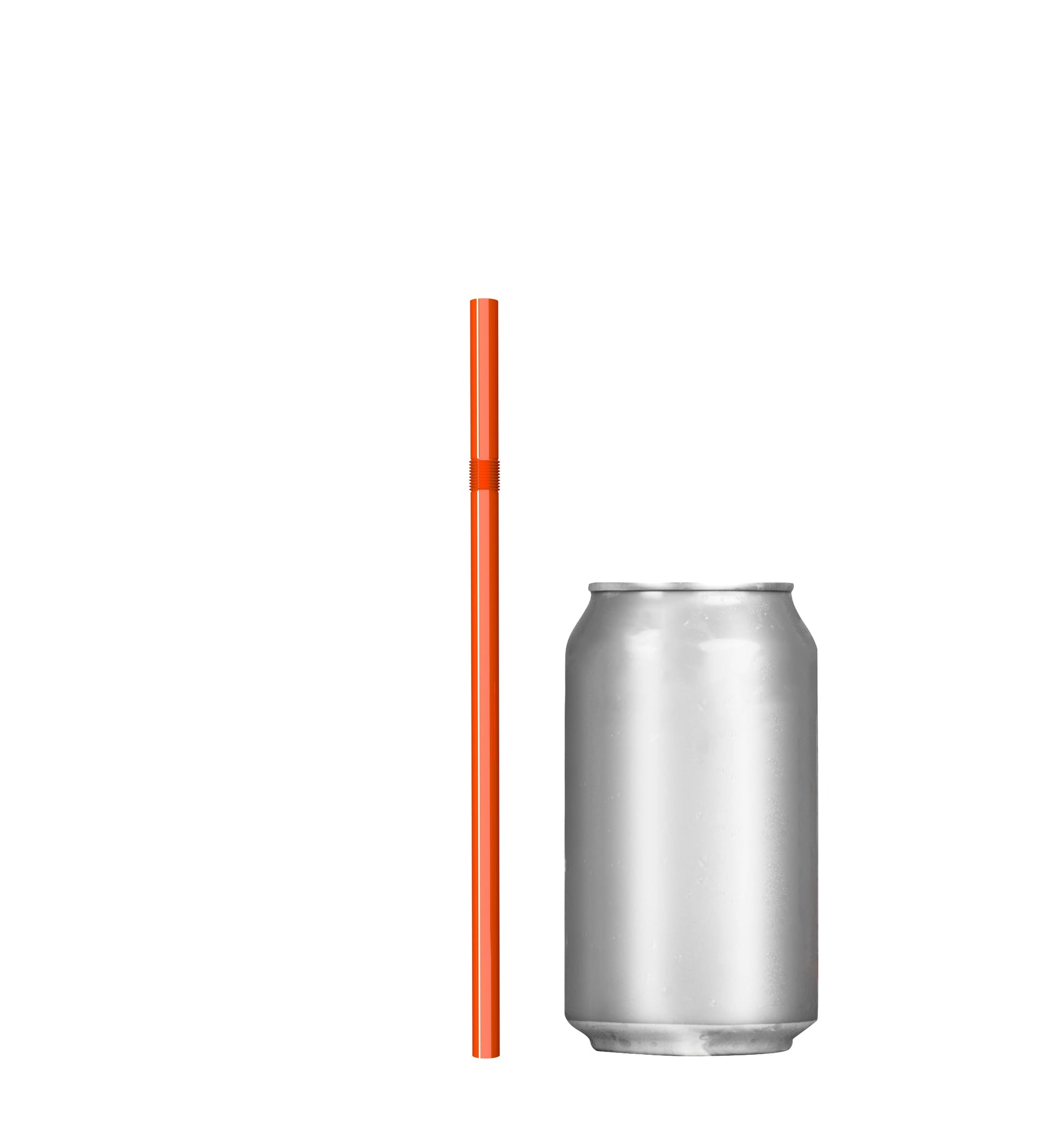 Unwrapped plastic flexible straw beside silver soda can in orange color