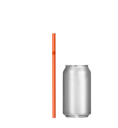 Unwrapped plastic flexible straw beside silver soda can in orange color