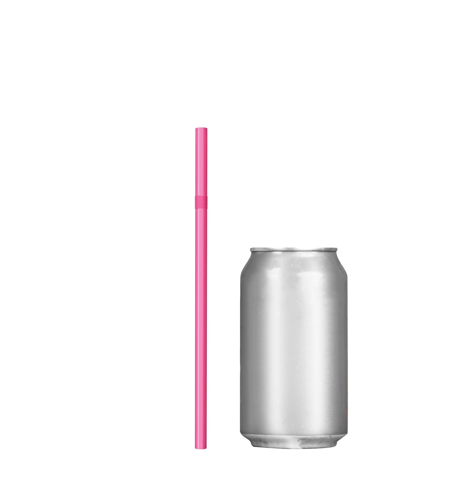 Unwrapped pink plastic flexible straw next to silver soda can