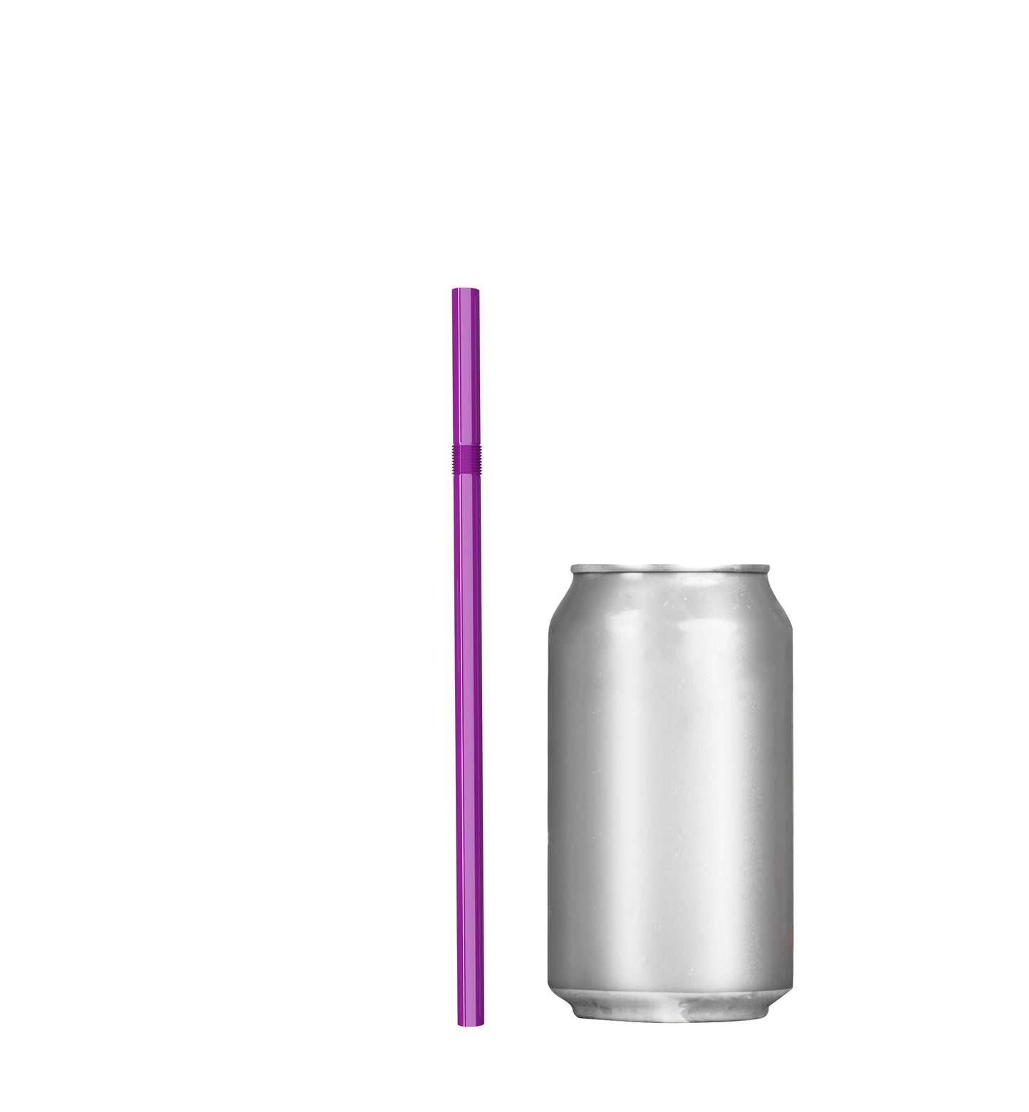 Purple unwrapped plastic flexible straw next to silver beverage can