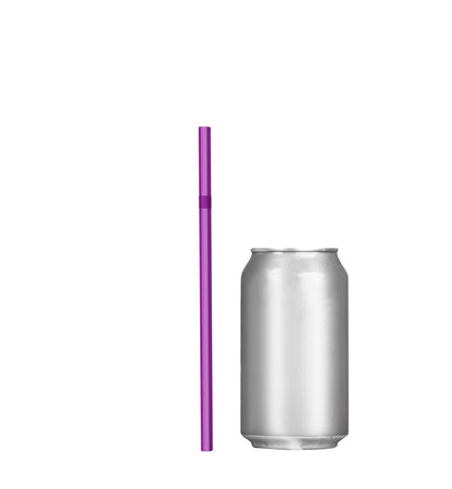 Purple unwrapped plastic flexible straw next to silver beverage can