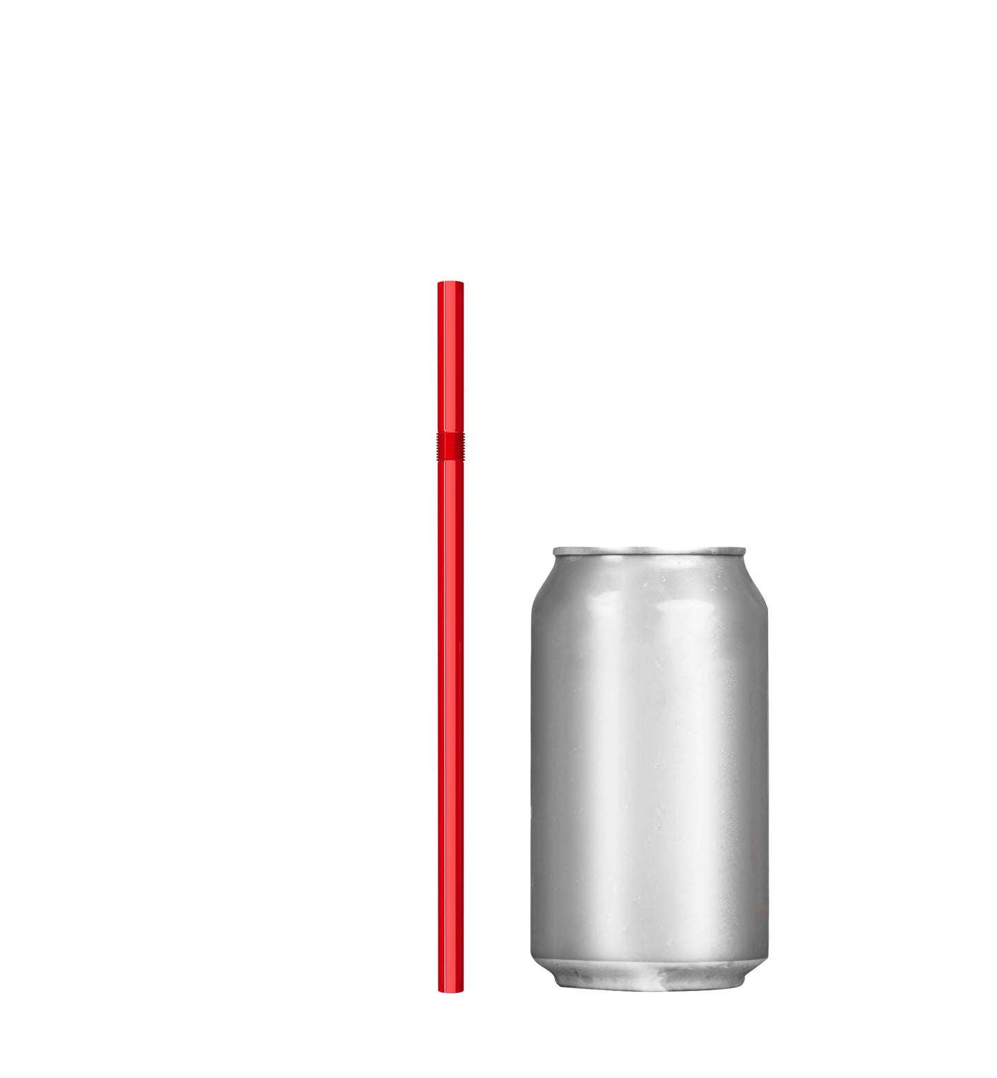 Red unwrapped plastic flexible straw next to a silver soda can.