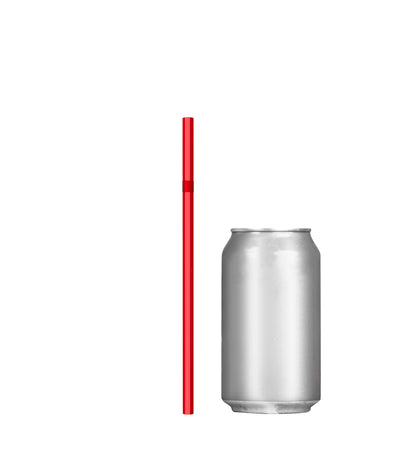 Red unwrapped plastic flexible straw next to a silver soda can.
