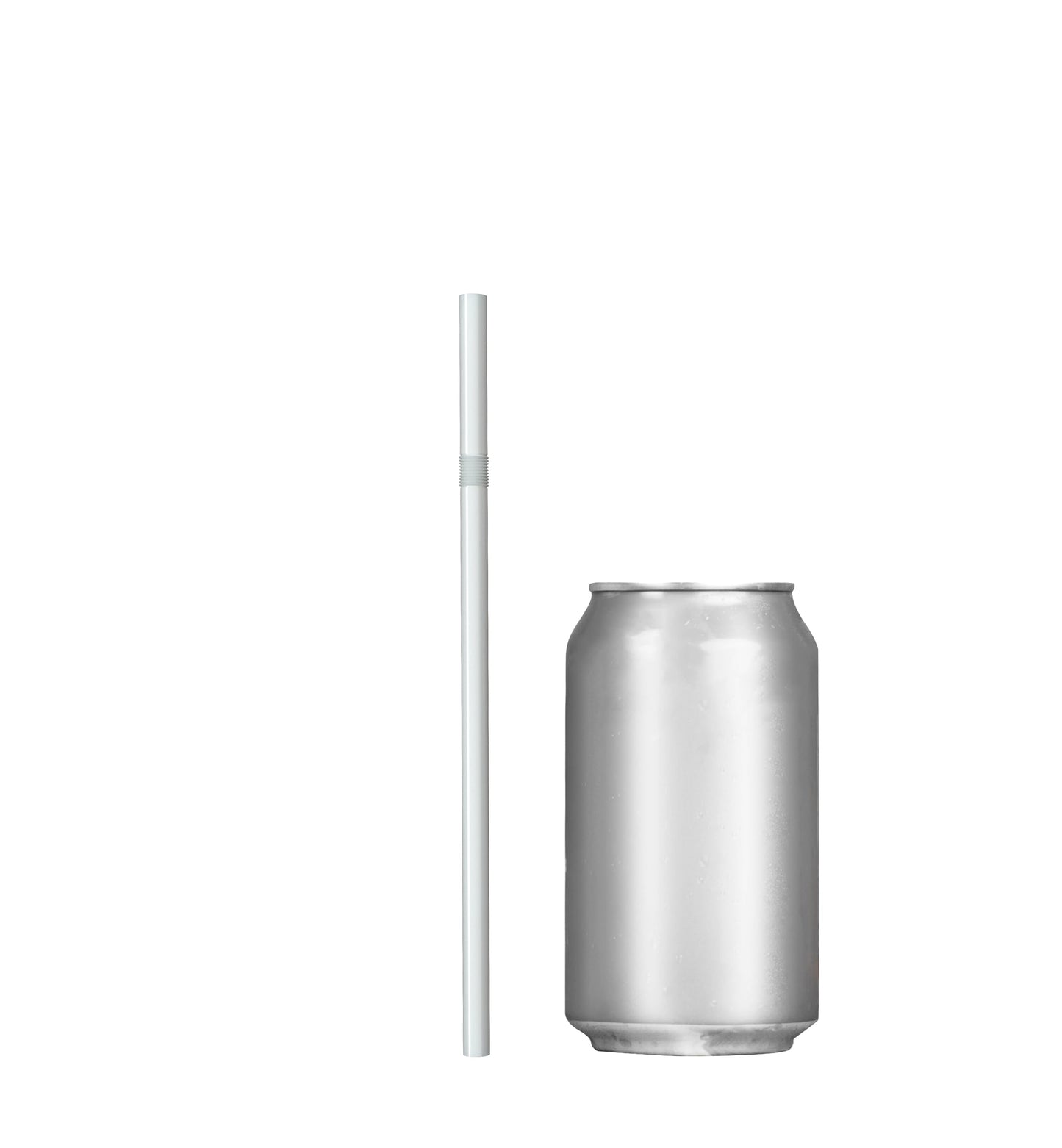 Unwrapped plastic flexible straw next to a silver soda can