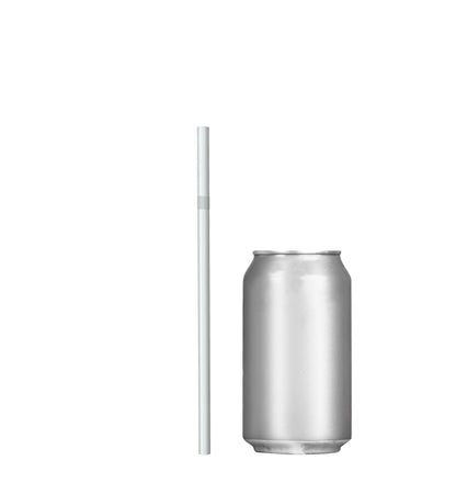 Unwrapped plastic flexible straw next to a silver soda can