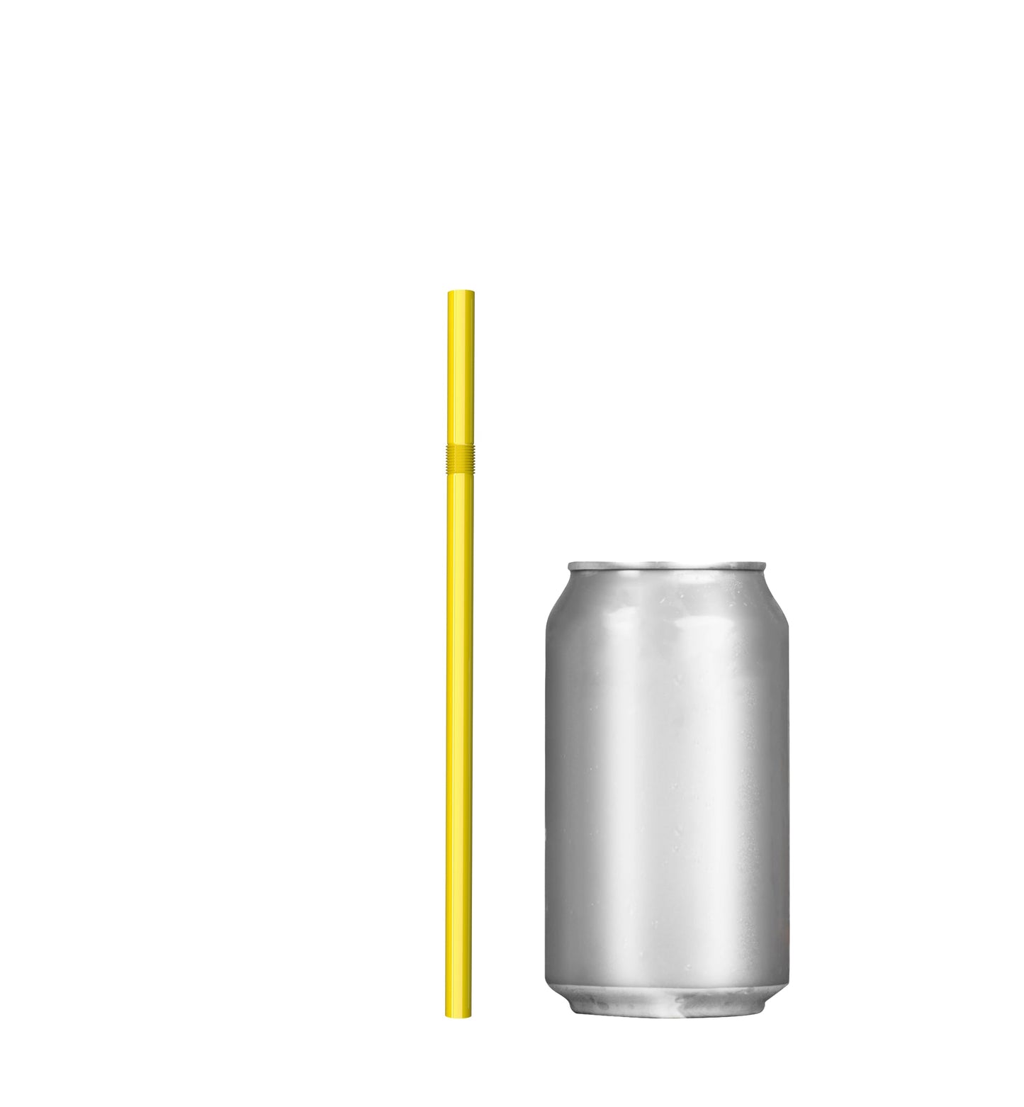 Yellow unwrapped plastic flexible straw next to a silver soda can