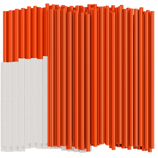 Orange plastic drinking straws on a white background. Half of the straws are individually wrapped in paper. 