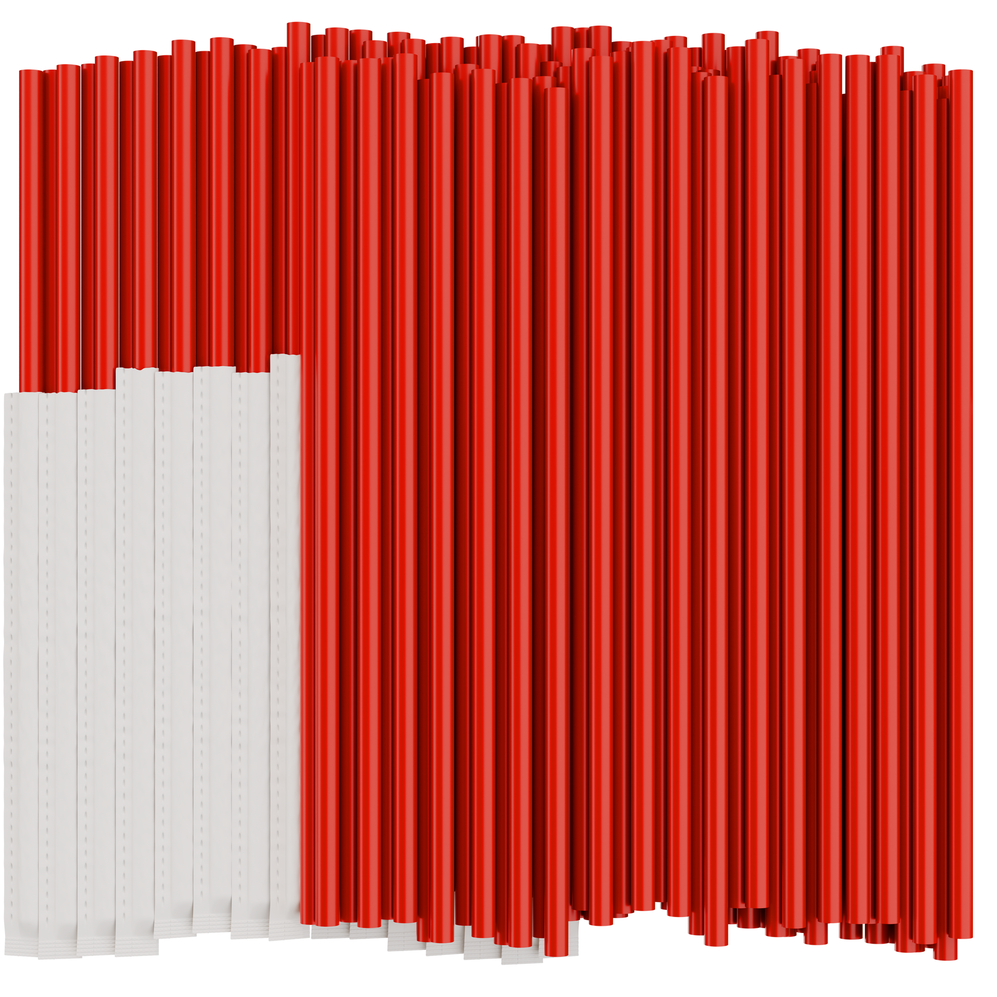 Red plastic drinking straws on a white background. Half of the straws are individually wrapped in paper. 