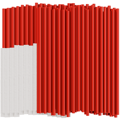Red plastic drinking straws on a white background. Half of the straws are individually wrapped in paper. 