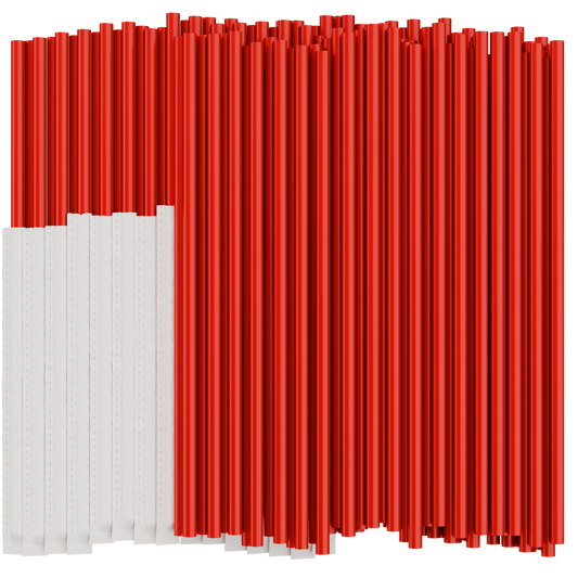Red plastic drinking straws on a white background. Half of the straws are individually wrapped in paper. 