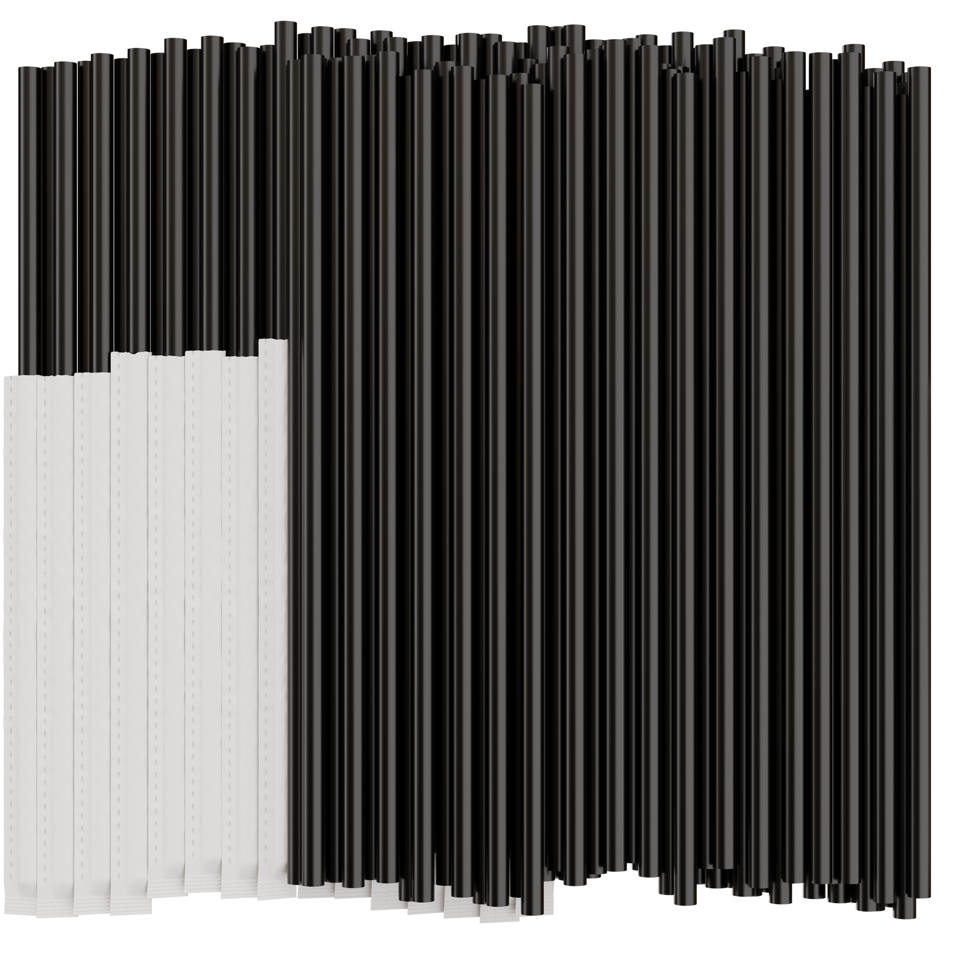 Black plastic drinking straws on a white background. Half of the straws are individually wrapped in paper. 