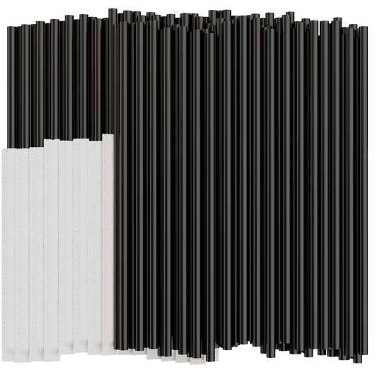 Black plastic drinking straws on a white background. Half of the straws are individually wrapped in paper. 