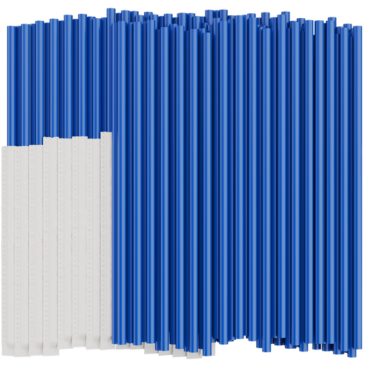 A group of blue plastic drinking straws that measure 10 inches by 0.28 inches. Half of them are displayed individually wrapped in paper.