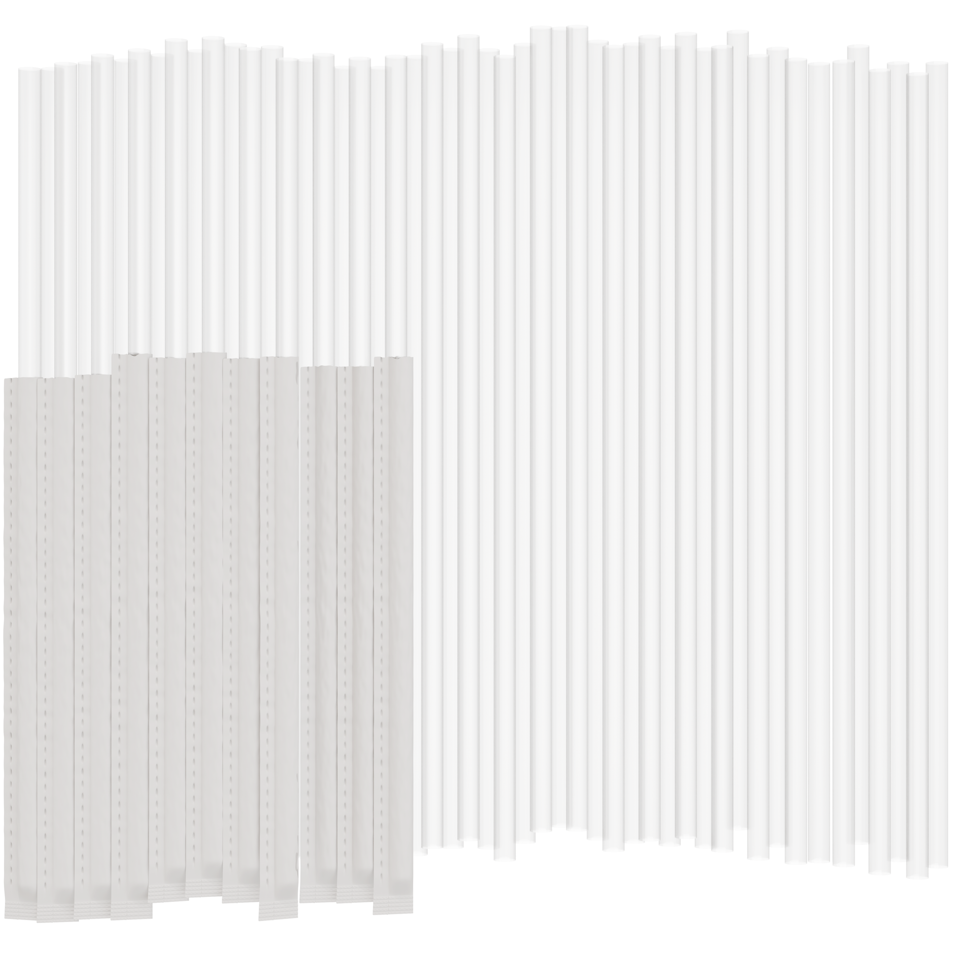 Clear plastic drinking straws on a white background. Half of the straws are individually wrapped in paper. 