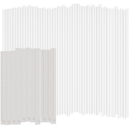 Clear plastic drinking straws on a white background. Half of the straws are individually wrapped in paper. 