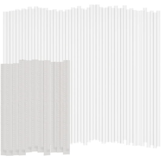 Clear plastic drinking straws on a white background. Half of the straws are individually wrapped in paper. 