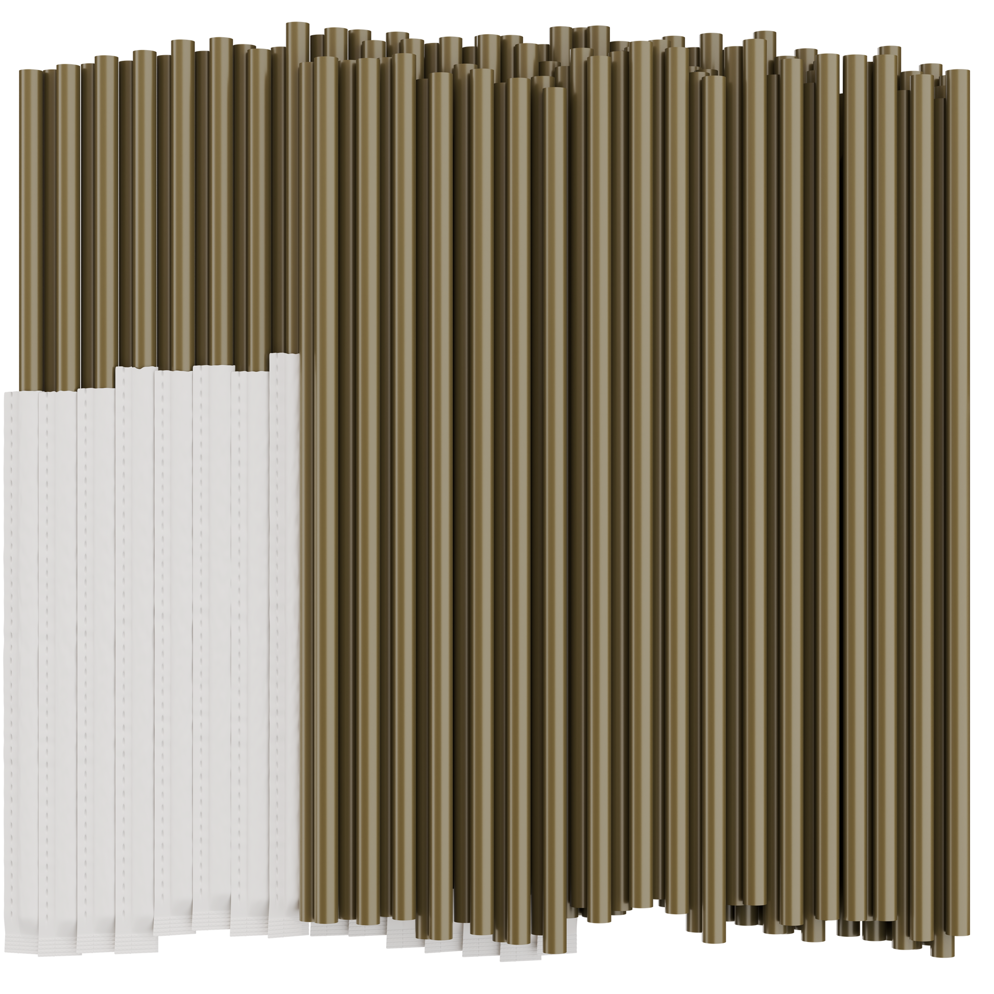 Gold plastic drinking straws on a white background. Half of the straws are individually wrapped in paper. 