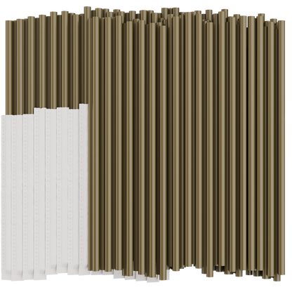 Gold plastic drinking straws on a white background. Half of the straws are individually wrapped in paper. 