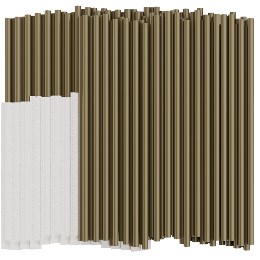 Gold plastic drinking straws on a white background. Half of the straws are individually wrapped in paper. 