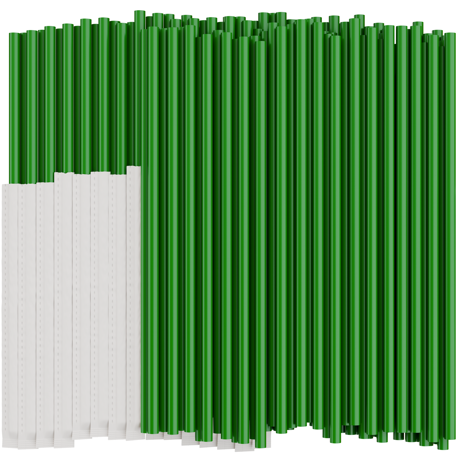 Green plastic drinking straws on a white background. Half of the straws are individually wrapped in paper. 