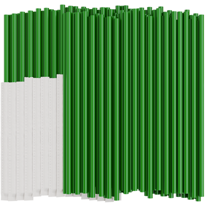 Green plastic drinking straws on a white background. Half of the straws are individually wrapped in paper. 