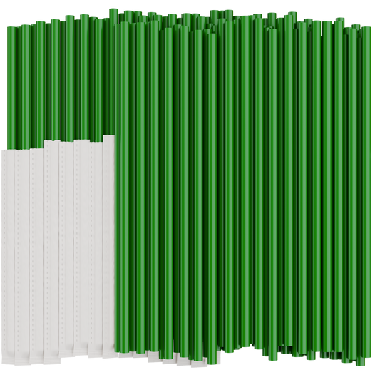 Green plastic drinking straws on a white background. Half of the straws are individually wrapped in paper. 