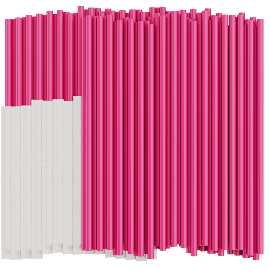 A group of pink, plastic drinking straws. Half of them are individually wrapped in paper. 