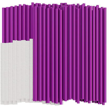 Purple plastic drinking straws on a white background. Half of the straws are individually wrapped in paper. 