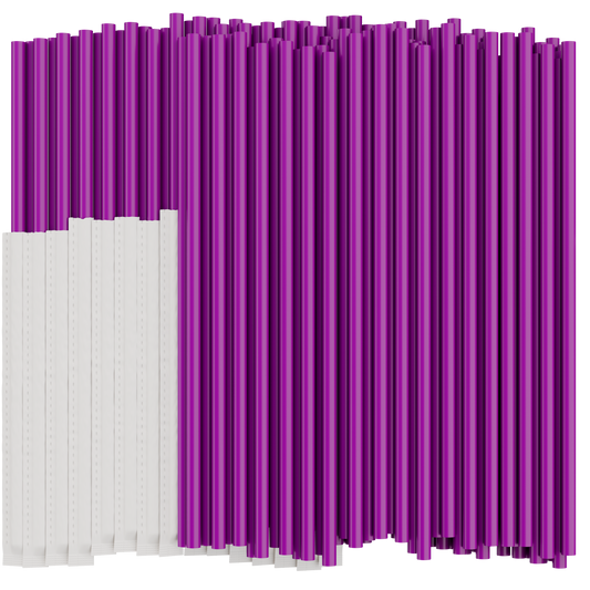 Purple plastic drinking straws on a white background. Half of the straws are individually wrapped in paper. 