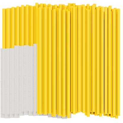 Yellow plastic drinking straws on a white background. Half of the straws are individually wrapped in paper. 