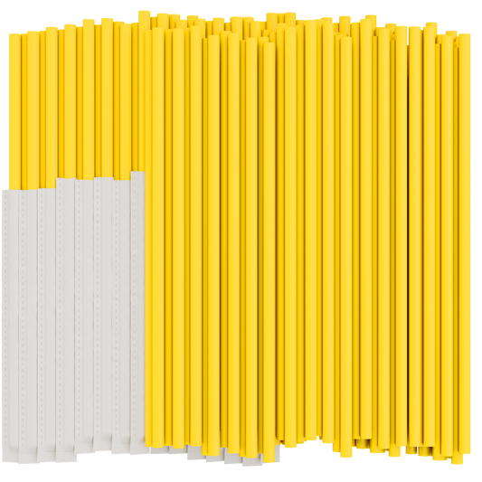 Yellow plastic drinking straws on a white background. Half of the straws are individually wrapped in paper. 
