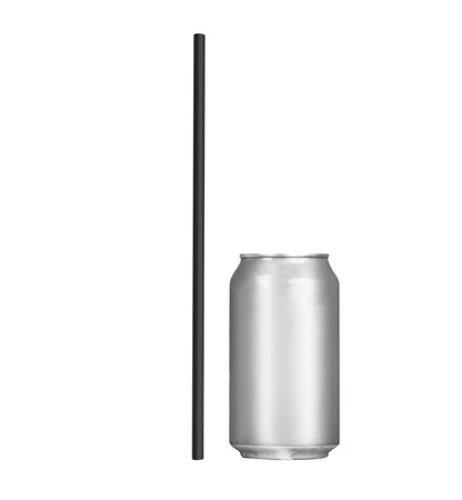 Silver soda can with a black straw on a white background