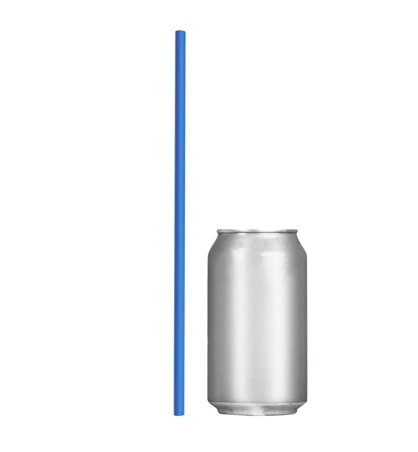 Blue paper wrapped to-go restaurant straw next to a silver soda can
