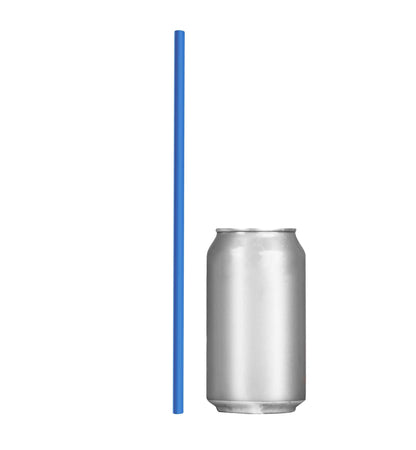 Blue paper wrapped to-go restaurant straw next to a silver soda can