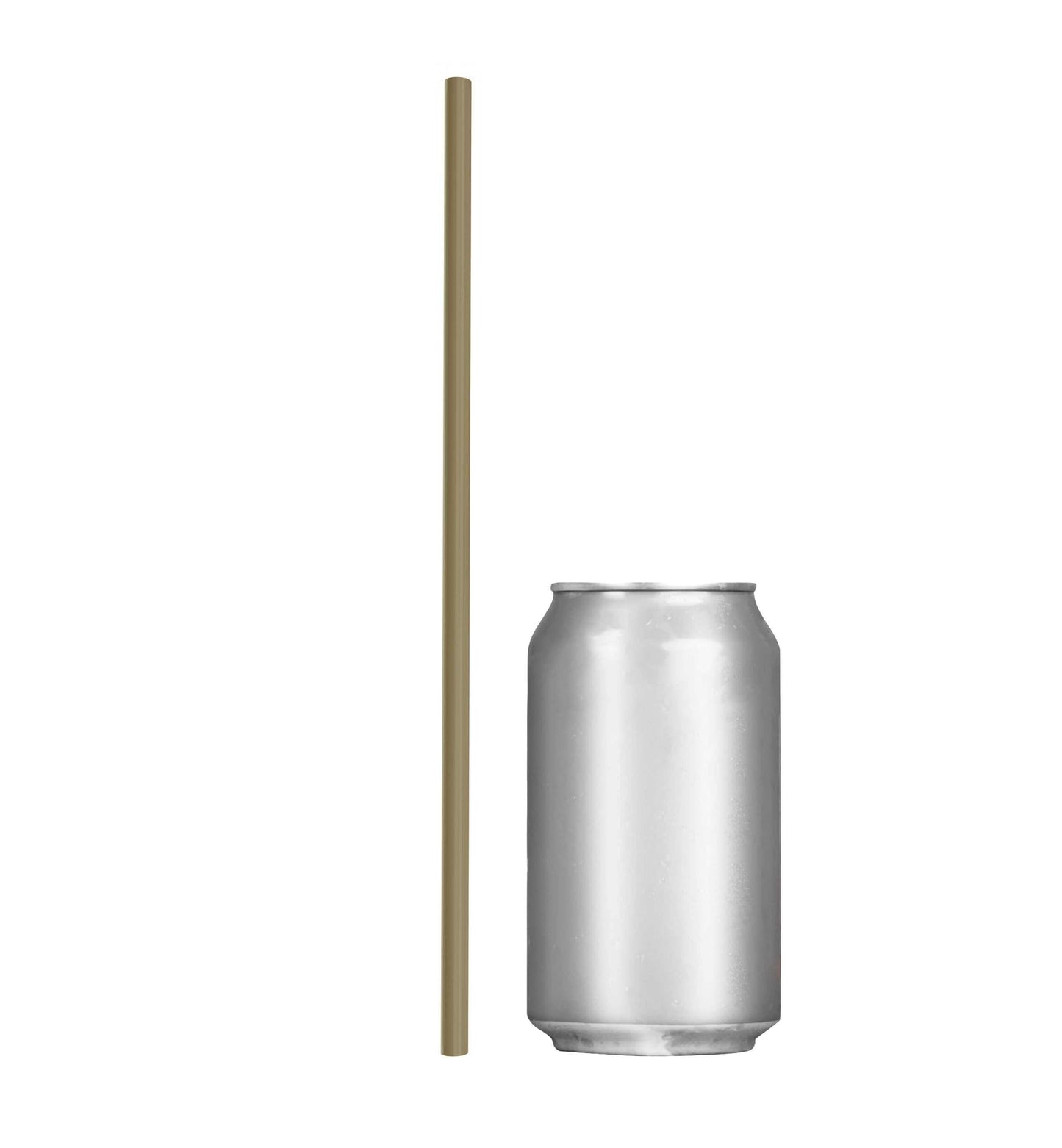 Gold 10 inch 32 oz tumbler to-go straw next to a silver drink can