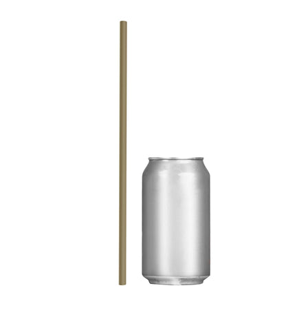 Gold 10 inch 32 oz tumbler to-go straw next to a silver drink can