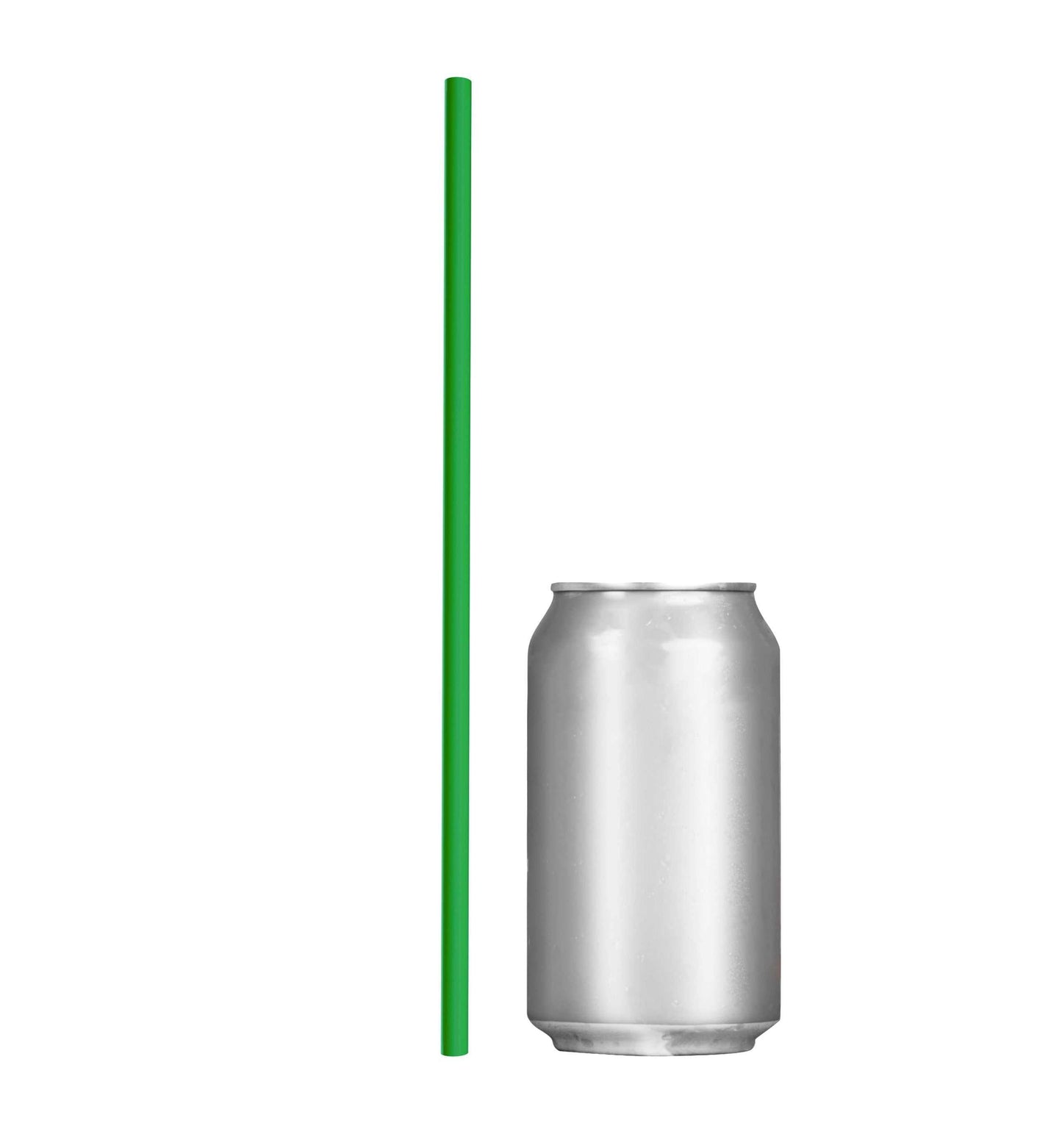 Green 10-inch unwrapped 32 oz tumbler to-go straw next to a soda can for size comparison