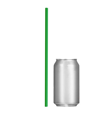 Green 10-inch unwrapped 32 oz tumbler to-go straw next to a soda can for size comparison